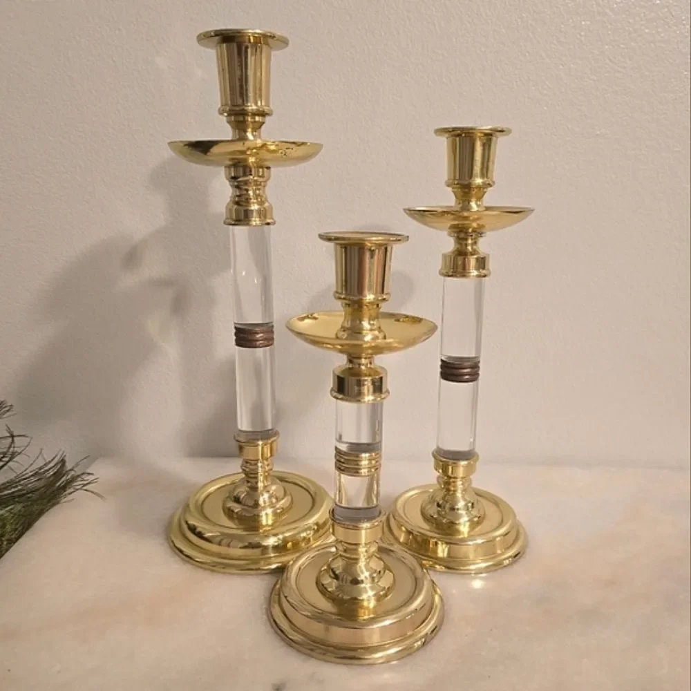 Ethan Allen Vintage MCM Brass & Lucite Candlestick Holders Set of 3